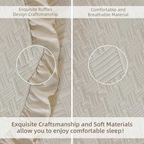 DJY California King Quilt Bedding Set, Ruffled Bedspreads, Beige