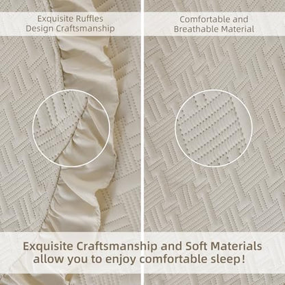 DJY California King Quilt Bedding Set, Ruffled Bedspreads, Beige
