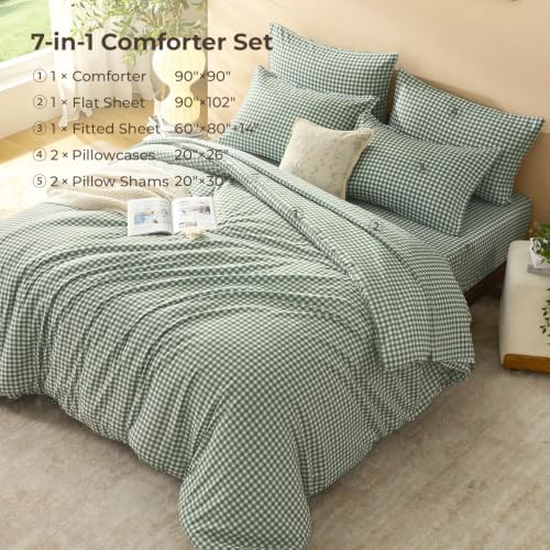 Litanika Forest Green Gingham Queen Comforter Set 7 Pieces