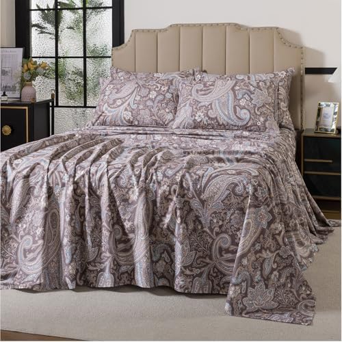 FADFAY Twin Size Bed Sheet Set- 4 Piece 100% Cotton Vintage Paisley Floral Pattern Soft Crisp Breathable Sheets, Includes 1 Fitted Sheet, 1 Flat Sheet and 2 Pillowcases