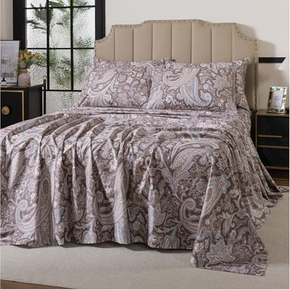 FADFAY Twin Size Bed Sheet Set- 4 Piece 100% Cotton Vintage Paisley Floral Pattern Soft Crisp Breathable Sheets, Includes 1 Fitted Sheet, 1 Flat Sheet and 2 Pillowcases