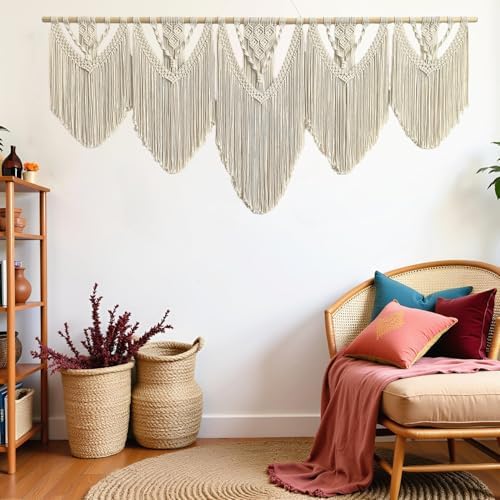 Extral Large macrame wall hanging, 71'' W x 32'' L boho wall art tapestry wall decor for urban entryway,living room,bedroom decor, headboard woven wall art, big fiber art over couch art for Yarn hallway (Beige-C)