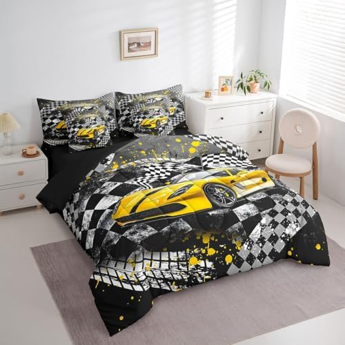 Castle Fairy Yellow Race Car Comforter Set Bed in a Bag 7 Pieces King,Black Yellow Grey Racing Themed Bedding Set,Cool Race Car (Comforter+Fitted+Flat Sheet+2 Pillowcases+2 Throw Pillow Covers)