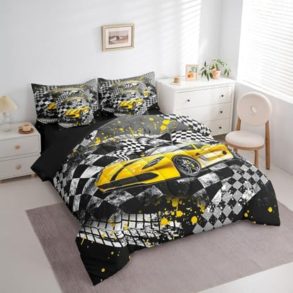 Castle Fairy Yellow Race Car Comforter Set Bed in a Bag 7 Pieces Full,Black Yellow Grey Racing Themed Bedding Set,Cool Race Car (Comforter+Fitted+Flat Sheet+2 Pillowcases+2 Throw Pillow Covers)