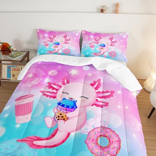 HOSIMA Axolotl Twin Comforter Set Cute Animal Bedding Room Decor for Teen Girls Dessert Milk Tea Donut Bed Princess Toddler Bedding Set Fantasy Blue Purple Twin Bed in a Bag Sets for Adults Teens.