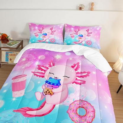 HOSIMA Axolotl Twin Comforter Set Cute Animal Bedding Room Decor for Teen Girls Dessert Milk Tea Donut Bed Princess Toddler Bedding Set Fantasy Blue Purple Twin Bed in a Bag Sets for Adults Teens.