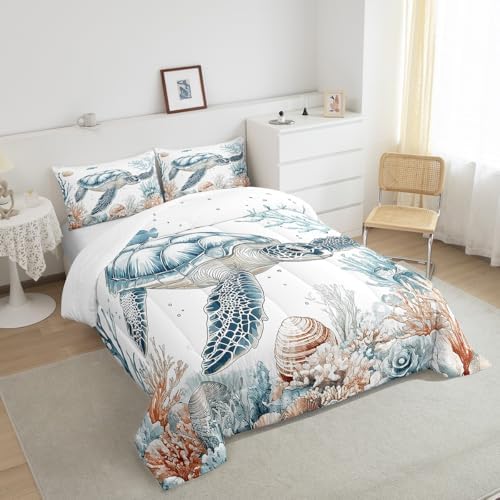 Homewish Sea Turtle Comforter Set Full Size,Ocean Coral Shells Bedding Set 3Pcs for Kids Girls Boys Adult Room Decor,Underwater World Quilt Set Wild Animals Duvet Insert,2 Pillowcases