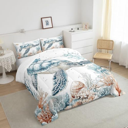 Homewish Sea Turtle Comforter Set Full Size,Ocean Coral Shells Bedding Set 3Pcs for Kids Girls Boys Adult Room Decor,Underwater World Quilt Set Wild Animals Duvet Insert,2 Pillowcases