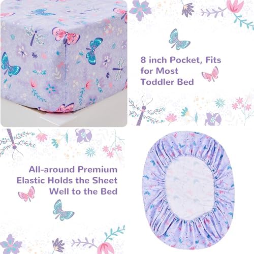 lasoftan Butterfly Toddler Bedding Set for Girls, 4 Piece Bed-in-a-Bag Toddler Comforter Sets, Super Soft Comforter Sheet Set and Comfortable Microfiber Toddler Bed Set