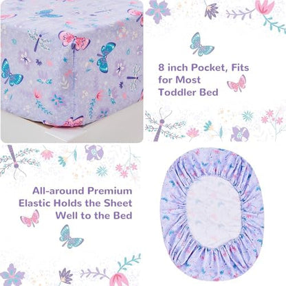lasoftan Butterfly Toddler Bedding Set for Girls, 4 Piece Bed-in-a-Bag Toddler Comforter Sets, Super Soft Comforter Sheet Set and Comfortable Microfiber Toddler Bed Set