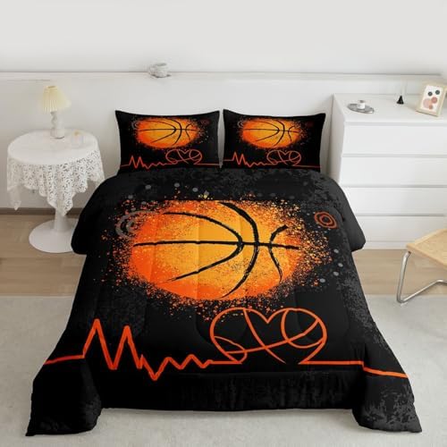 Castle Fairy Basketball Comforter Set for Boys Kids Girls 3D Basketball Black Gray Camo Quilt Set,Home Decor Soft Sport Games Bedding Set Hippie Graffiti Orange Teens Duvet Insert Twin Size 2pcs