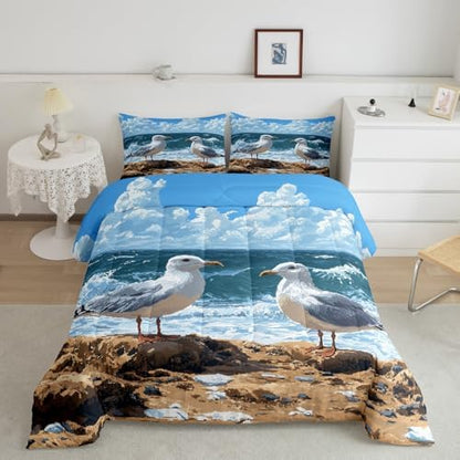 Homewish Cute Seagull Comforter Set King Size,Ocean Animals Bedding Set 3Pcs,Beach Coastal Quilt Set for Kids Boys Girls Teens Room Decor,Sea Blue Oil Painting Art Duvet Insert,2 Pillowcases