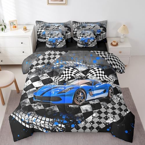 Blue Racing Car Comforter Set 7 Pieces,Fast and Furious Extreme Sport Games Bed Set,Sports Car Bedding Bed in a Bag,Full (1 Comforter,2 Pillowcase,2 Pillow Covers,1 Flat Sheet,1 Fitted Sheet)