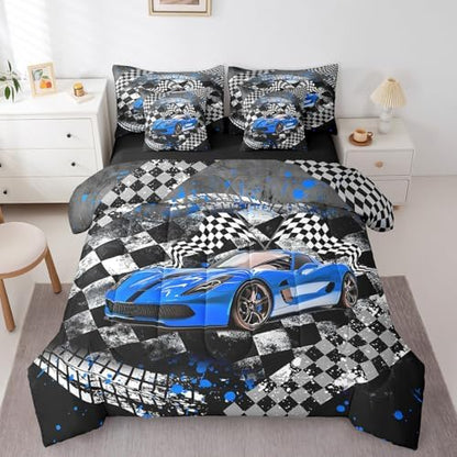 Blue Racing Car Comforter Set 7 Pieces,Fast and Furious Extreme Sport Games Bed Set,Sports Car Bedding Bed in a Bag,Full (1 Comforter,2 Pillowcase,2 Pillow Covers,1 Flat Sheet,1 Fitted Sheet)