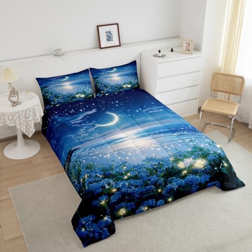 Homewish Coastal Beach Comforter Set Queen Size,Blue Floral Bedding Sets 3Pcs for Kids Girls Boys Teens Room Decor,Moon Night Quilt Set Blue Dreamy Romantic Duvet Insert,2 Pillowcases