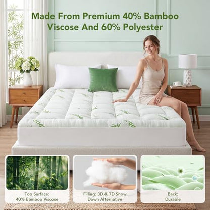 Full XL Size Mattress Topper Viscose Made from Bamboo, Extra Thick Quilted Pillow Top, Naturally Cooling & Breathable for Hot Sleepers, Back Pain Relief, Deep Pocket Skirt Fits 6-18", Green