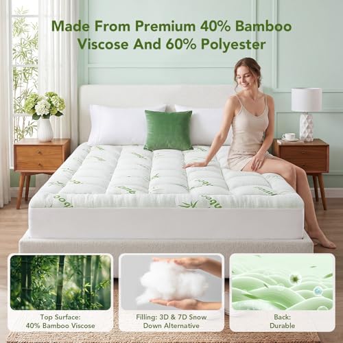 Full Size Mattress Topper Viscose Made from Bamboo, Extra Thick Quilted Pillow Top, Naturally Cooling & Breathable for Hot Sleepers, Back Pain Relief, Deep Pocket Skirt Fits 6-18", Green