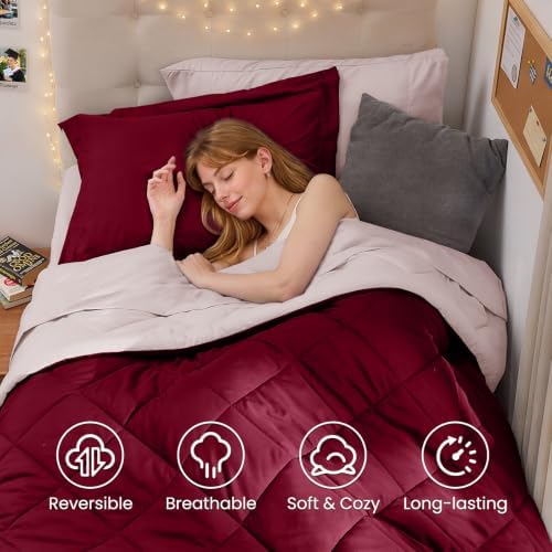 MUXHOMO 5 Pieces Twin XL Comforter Set, Reversible Bed in a Bag Twin XL Size, All Season Bedding Set with Comforter, Flat Sheet, Fitted Sheet, Pillowcases & Shams, Burgundy & Rose Gold