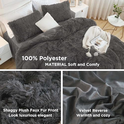Andency Dark Grey King Size Comforter Set, Fluffy Faux Fur Warm Bedding Set