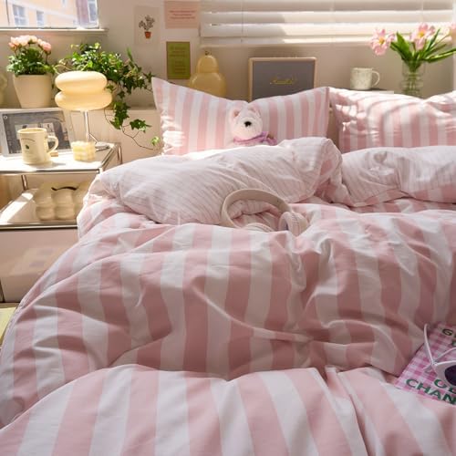 LifeTB Peach Pink Striped Comforter Set Full, 3 Piece Vintage Stripes Pattern Printed Bedding Set, Breathable Soft Farmhouse Striped Bedding Comforter Full Size, Cozy Lightweight Pink Comforter Set