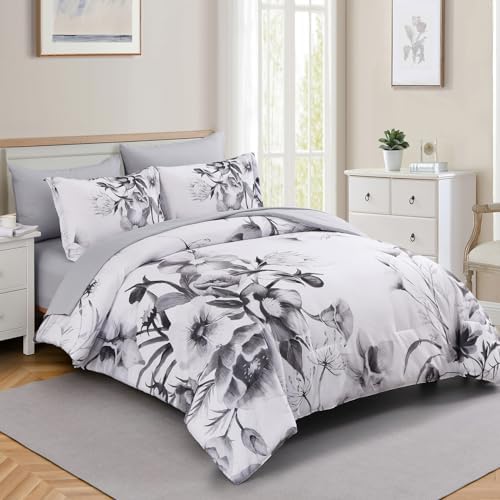 Luxudecor Floral Comforter Set Full Size 7 Piece, Black Flower Bed in a Bag, Elegant Ink Comforter Bedding Set for All Season (Ink, 80"x90")