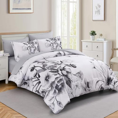 Luxudecor Floral Comforter Set Full Size 7 Piece, Black Flower Bed in a Bag, Elegant Ink Comforter Bedding Set for All Season (Ink, 80"x90")