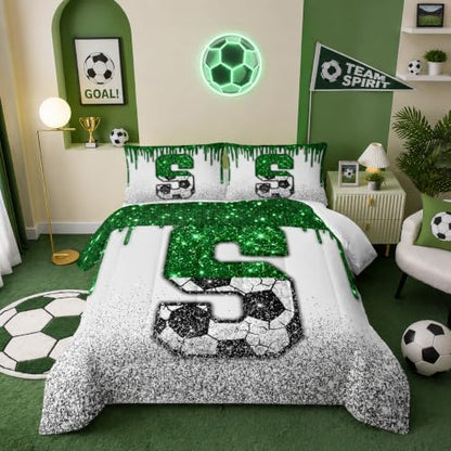 BSNTHO Alphabet Print Full Size, Comforter Set Soccer Kids Comforter 3Pcs