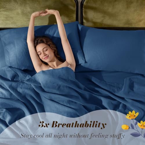 SONORO KATE 100% French Linen King Size Sheets Set,Natural Flax Bedding