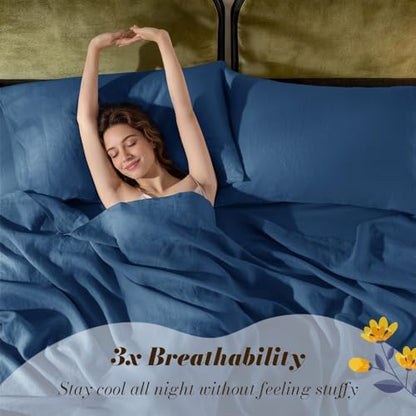 SONORO KATE 100% French Linen Queen Size Sheets Set,Natural Flax Bedding