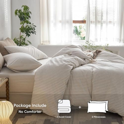 MooMee Striped Duvet Cover Set 100% Washed Cotton Linen Like Super King