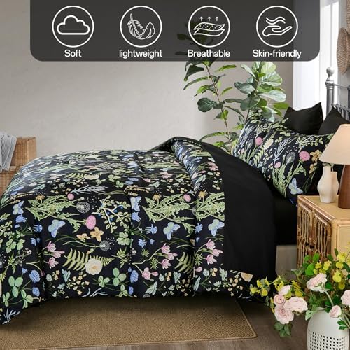 Full Size Comforter Set, Black Green Floral Bedding Comforter Set 7 Piece