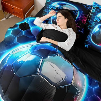 Erosebridal Boys Soccer Comforter Sets with Sheets - Geometric Honeycomb Bedding Set King for Boys Girls Colorful Neon Lights 7Pcs Bed in A Bag, Hexagon Sports Gamer Bed Set