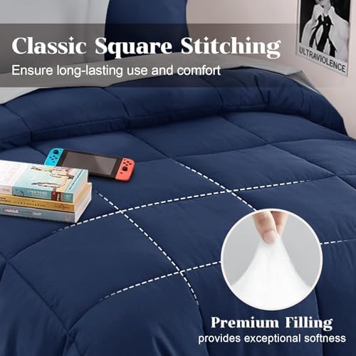 JOLLYVOGUE Twin Comforter Set, Ultra-Soft Bed in a Bag Twin Size 5 Pieces, Oeko-TEX Certified Bedding Set with Down Alternative Comforter, Sheets, Pillowcases & Shams, Navy Blue & Light Grey