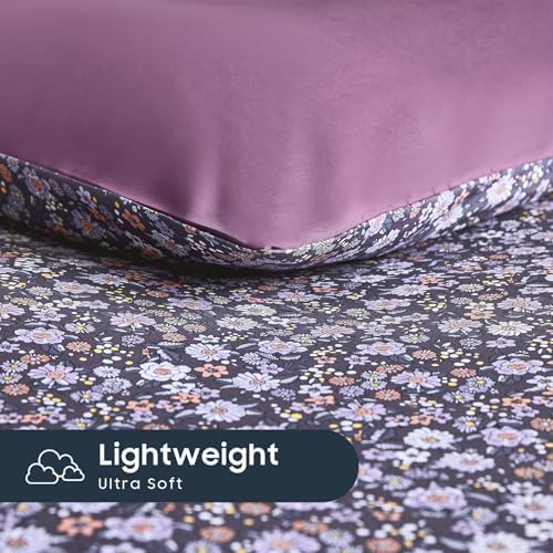 Wake In Cloud - Floral Comforter Set, Cute Vintage Flower Cottagecore Aesthetic for Women Teen Girls, Soft Lightweight Dorm Bedding, 3 Pieces, Dusty Purple, Queen Size