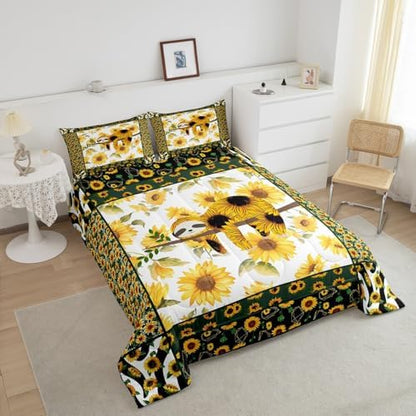 Manfei Cute Sloth Comforter Set King Size, Yellow Flower Quilt Set with 2 Pillowcases, Floral Animal Print Bedding Set 3pcs for Kids Boys Girls Bedroom Decor, Sunflower Sloth Duvet Set