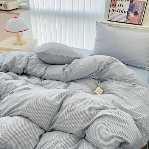 mixinni Striped Duvet Cover Set- 100% Washed Cotton Blue Comforter Cover with White Pinstripe Stripes Pattern Printed Bedding Set with Zipper Closure, 3 Pieces,Full Size