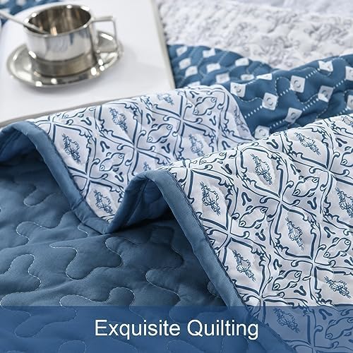 WONGS BEDDING Blue Queen Size Quilt Set, 3-Piece Boho Stripe Bedspread
