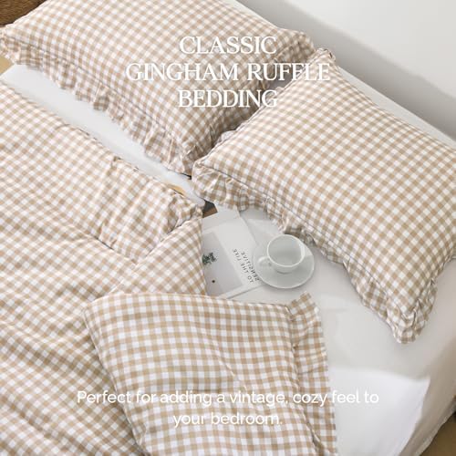 Andency Tan Gingham Ruffle Comforter Queen, 3 Pieces Vintage Bedding
