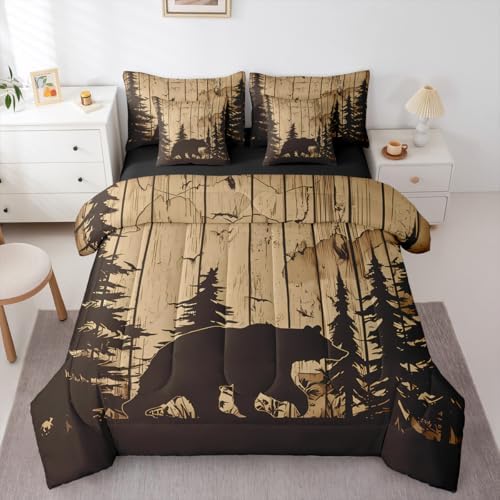 Erosebridal Rustic Cabin Bed in A Bag 7 Pcs Farmhouse Bear Comforter Set for Kids Boys Girls Vintage Brown Wooden Board Bedding Sets Twin Pine Tree Animal Silhouette Print Sheet Set with Comforter