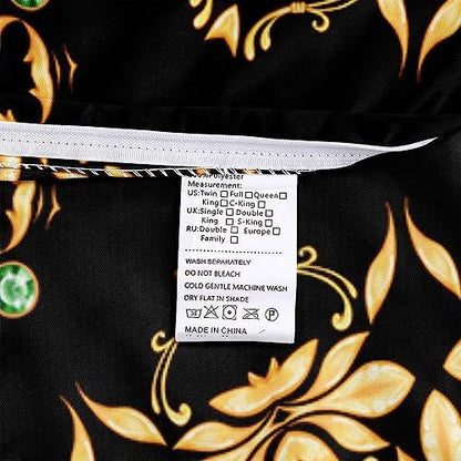 Golden Scrolls Print Duvet Cover and Pillow Shams Green Gems Deco for Girls and Boys Bedding Set Twin Size Black Color Bed Sets