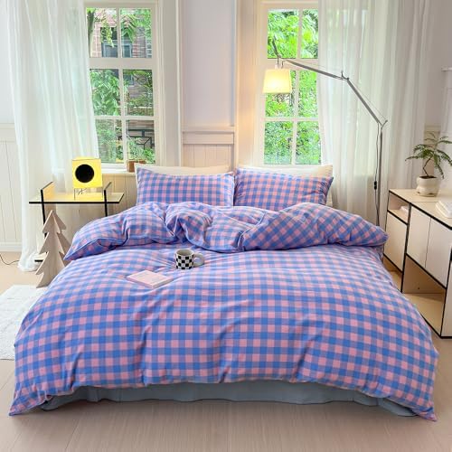 FACE TWO FACE Bedding Duvet Cover Set100% Washed Cotton Duvet Cover Linen Like Textured Breathable Durable Soft Comfy (Full, Blue Purple Grid)