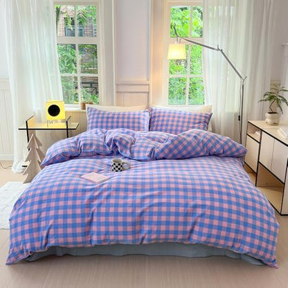 FACE TWO FACE Bedding Duvet Cover Set100% Washed Cotton Duvet Cover Linen Like Textured Breathable Durable Soft Comfy (Full, Blue Purple Grid)