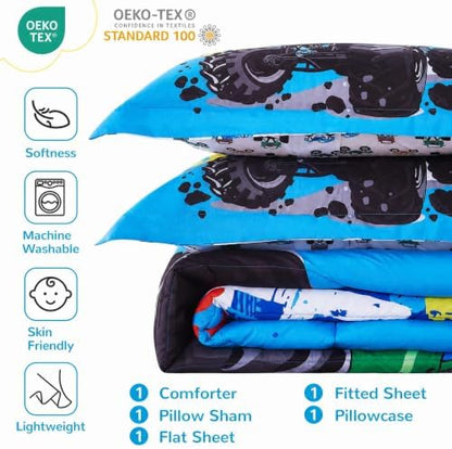 Viviland Kids Bedding Set Twin - Oeko-TEX 100 Certified Road Truck Comforter Set Bed in a Bag, Soft Breathable Microfiber Bedding with Sheets/Pillows, Cool Road Truck Adventure Theme for Boys