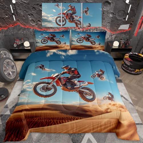 Feelyou Dirt Bike Comforter Set Queen Size Racing Themed Bedding Set