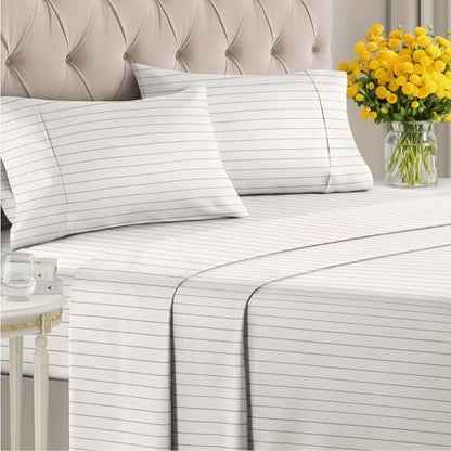 Full 4 Piece Striped Sheet Set - Soft, Breathable & Cooling - Cream Stripe