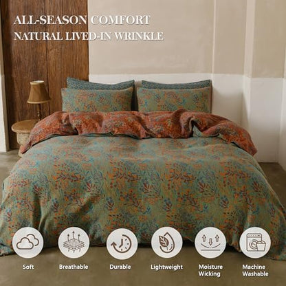 Simple&Opulence Muslin Duvet Cover Set Queen Size, 100% Washed Cotton 3 Pieces Yarn-Dyed Vintage Green Red Floral Jacquard Textured Bedding, Soft & Breathable Gauze Comforter Cover with Zipper Closure