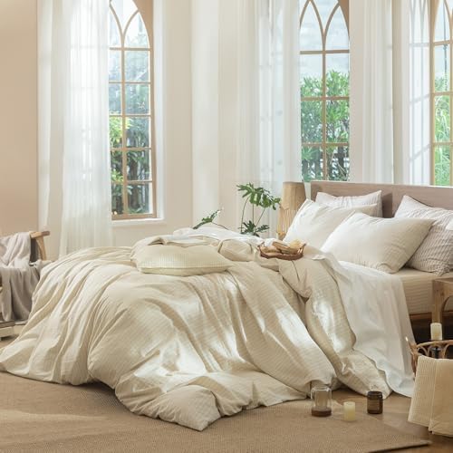 MooMee Striped Duvet Cover Set 100% Washed Cotton Linen Like Super Queen