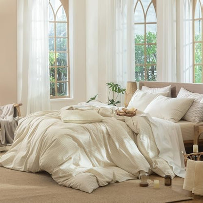 MooMee Striped Duvet Cover Set 100% Washed Cotton Linen Like Super Queen