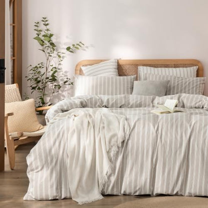 BESTOUCH Striped Cotton Duvet Cover Set Linen Feel California King