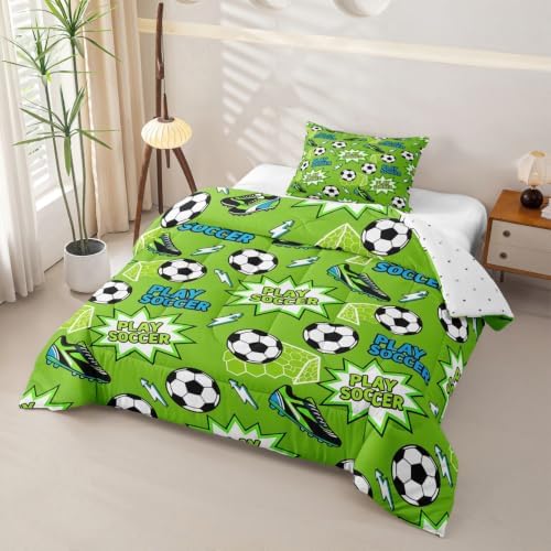 Castle Fairy Soccer Comforter Set Twin Size,Football Shoes Lightning Bedding Sets 2Pcs for Kids Girls Boys Teens Room Decor,Ball Sports Gaming Quilted Duvet Modern Green Down Comforter,1 Pillowcase